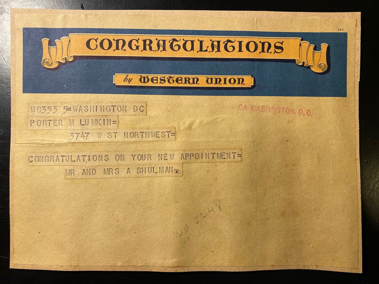 1940 Western Union Telegram Congratulations Washington Dc Vintage Rare
